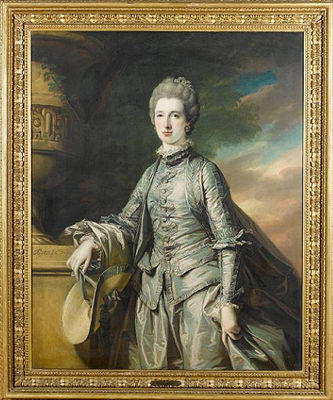 Portrait of Elizabeth Burdett (d.1807), daughter of Sir Robert Burdett (1716-1797), 4th Baronet Burdett of Bramcott, Warwickshire, standing three-quarter-length, in a blue dress, holding a bonnet in her right hand, which is resting on a stone plinth with