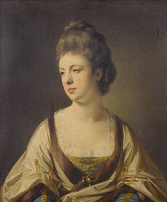 Portrait of Sarah Whatman, half-length, in a lace-edged blue and gold dress with a fur-trimmed cloak