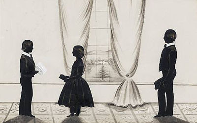 A Silhouette Conversation Piece of Three Full-Length Figures in an Interior Setting in Front of a Window