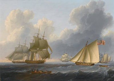 Ships of the Dutch Fleet and Smaller Craft Becalmed Offshore; An Armed Naval Cutter Joining a Squadron at Sea