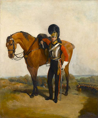 An Officer of the 2nd Life Guards in Full Dress with his Horse, Windsor Castle in the Background