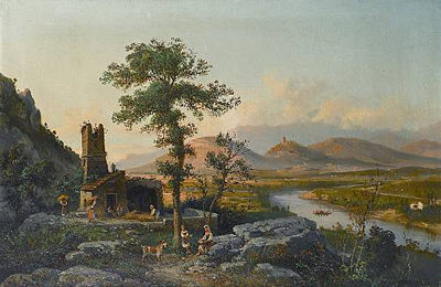 Landscape with figures bringing in the harvest, a river beyond