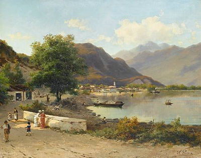Figures beside an Italian lake