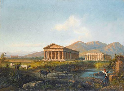 Cattle watering at a pool before the Temples at Paestum