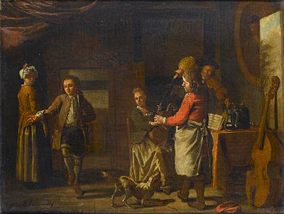 A cottage interior with figures making music, a boy dancing and a serving boy pouring wine