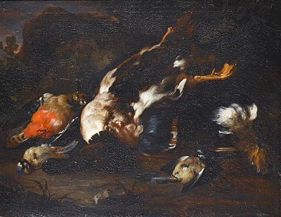 A dead mallard, blue-tits, a hooper, and a woodpecker in a landscape