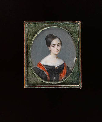 A Lady, wearing black dress with voluminous sleeves and white lace trim