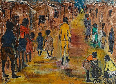 Figures on a township by Joseph Ramapulane Maseko - Auction record, sale price, and art valuation. Compare with similar artists and explore comparable artworks.