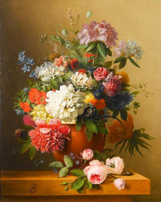 A still life of peonies, roses, honeysuckle, poppies, a crown imperial, rhododendrons and other flowers in a terracotta urn on a ledge by Arnoldus Bloemers - Auction record, sale price, and art valuation. Compare with similar artists and explore comparable artworks.