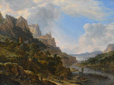 A Rhenish riverlandscape with a figures loading barges in the foreground and travellers resting on a hillside nearby