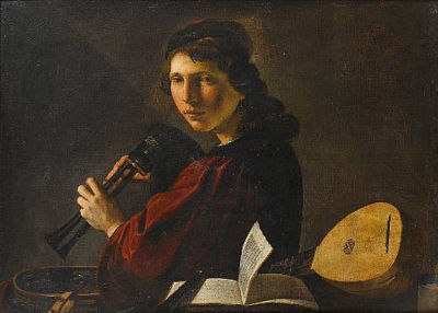 A young man holding bagpipes standing beside a table with a lute, a tambourine and a book of music