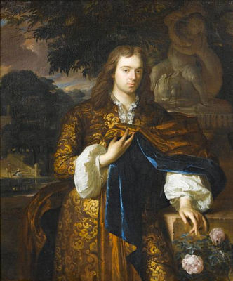 Portrait of a gentleman, three-quarter-length, in a brown coat with a blue wrap, standing before a stone statue, a young couple in a park landscape beyond