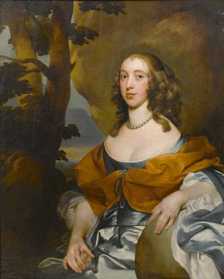 Portrait of a lady, half-length, in a blue silk dress with a russet shawl, wearing pearls and holding a pink rose, seated in a landscape