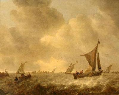Figures in a rowing boat in choppy waters with Dutch pinks in an estuary beyond