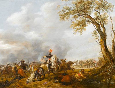A cavalry skirmish with an officer on a rearing horse