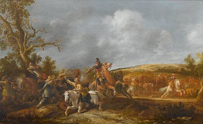 Travellers ambushed on a country path with a gentleman on a white charger being shot