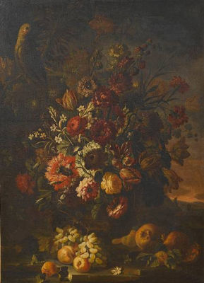 Tulips, carnations, morning glory, chrysanthemums and other flowers in a bronze urn on a stone ledge with a basket of grapes, peaches and a melon with a parrot and a rabbit nearby; Roses, tulips, chrysanthemums, jasmine and other flowers in a bronze urn o