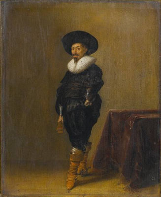 Portrait of a gentleman, standing small-full-length, in black costume with a white ruff and black hat, holding a pair of gloves, before a draped table