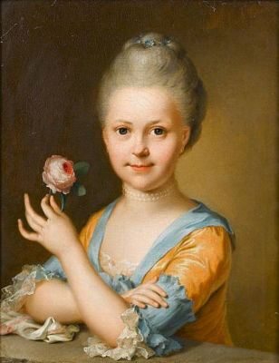 Portrait of a young girl, half-length, in a gold dress with blue trim and a lace cuffs, holding a rose