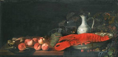 Shells and peaches on a draped table with a silver charger, a lobster in a blue wan-li kraak bowl surrounded by grapes, a roemer and wine jug behind