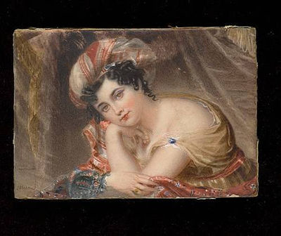 A Lady, seated leaning on her left arm, wearing white dress with pink waistsash and held at the shoulder with blue clasp, white underslip, pink robe with floral decoration and green lining wrapped around her waist, pink and white turban, her hair dressed by James Holmes - Auction record, sale price, and art valuation. Compare with similar artists and explore comparable artworks.