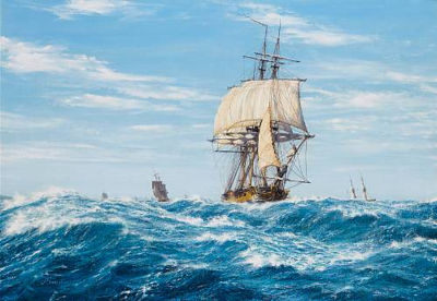 The eyes of the Fleet - a frigate with a man aloft scanning the horizon for enemy sail
