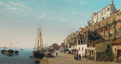 Mediterranean quayside at Split with fishing boats and figures