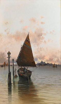 A fishing boat on the Venetian lagoon with Santa Maria della Salute in the distance by Salvatore Petruolo - Auction record, sale price, and art valuation. Compare with similar artists and explore comparable artworks.