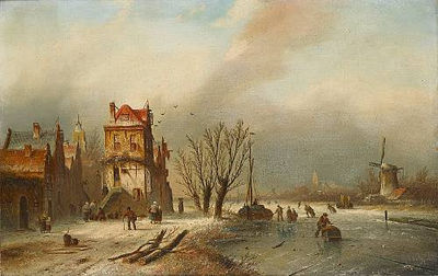Dutch winter scene with figures skating on a river