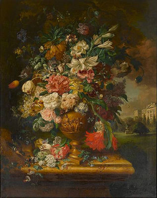 Still life of mixed flowers in an urn, a country house beyond by John Wainwright - Auction record, sale price, and art valuation. Compare with similar artists and explore comparable artworks.