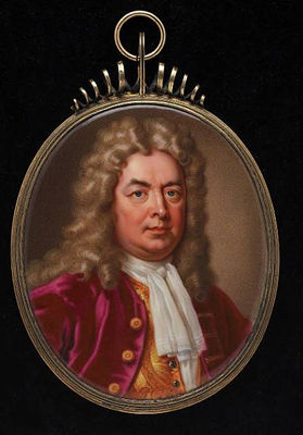 A Gentleman, wearing red coat with gilt buttons, patterned yellow waistcoat over white chemise and tied white cravat, with natural full-bottomed wig