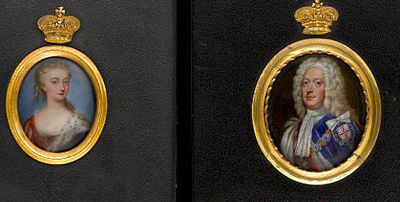 A pair of portraits: George II (1683-1760) King of England (1727-1760), wearing robes of the Order of the Garter, blue cloak with white silk lining over crimson coat and tied white lace steinkirk, collar and badge of the Order of the Garter and full-botto by Christian Friedrich Zincke - Auction record, sale price, and art valuation. Compare with similar artists and explore comparable artworks.
