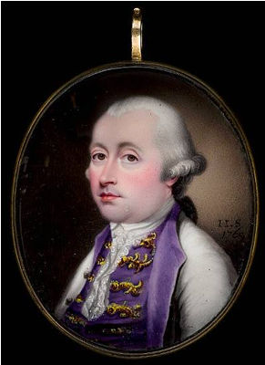 A pair of portraits of a Lady and Gentleman; he, wearing white coat with purple lapels, purple waistcoat with gold frogging, lace cravat and powdered wig worn en queue with a black ribbon bow; she, wearing rose-pink gown with yellow border and red and gol