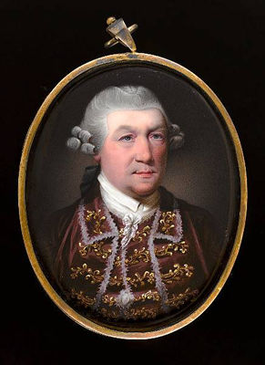 A pair of portraits of a Lady and Gentleman; he, wearing white coat with purple lapels, purple waistcoat with gold frogging, lace cravat and powdered wig worn en queue with a black ribbon bow; she, wearing rose-pink gown with yellow border and red and gol