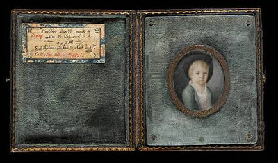 An important portrait of Sir Walter Scott (1771-1832), as a child aged four, wearing pale green coat, double-breasted white waistcoat over frilled chemise and black hat decorated with ribbon bow
