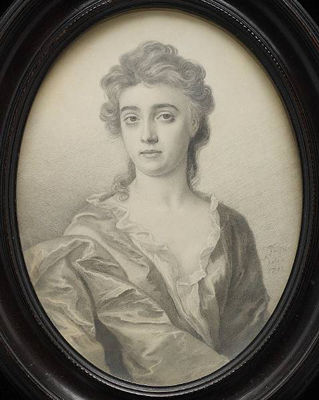 Catherine Talbot (née King), wearing dress, frilled white underslip and cloak over her right arm