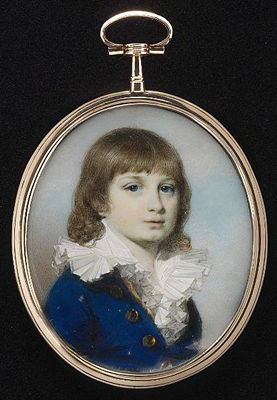 A boy, wearing royal blue coat with large brass buttons, cream waistcoat and white chemise with frilled wide collar by George Engleheart - Auction record, sale price, and art valuation. Compare with similar artists and explore comparable artworks.