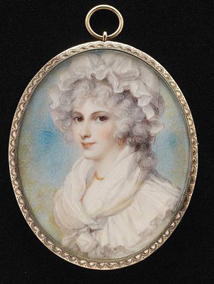A Lady, called Lady Fairfax, wearing white dress with large frilled collar, loosely tied fichu, gold chain necklace and frilled white bonnet in her powdered hair