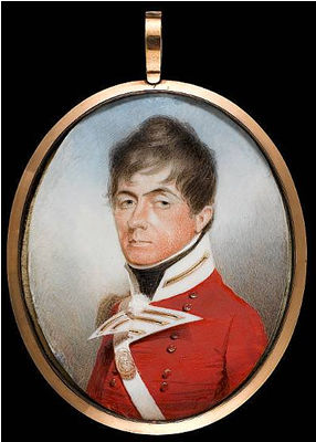 An Officer, wearing scarlet coat with white facings and gold epaulette, white cross-belt with gold belt plate, frilled white chemise and black stock