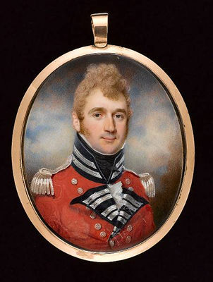 An Officer, wearing scarlet coatee with blue facings, silver lace, buttons and epaulettes, frilled white chemise and black stock