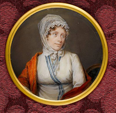 Théodora-Hélène-Élisabeth Tronchin, seated on a green upholstered chair, wearing red shawl over white robe bordered with blue stripes with blue sash and ruffled white gauze cap tied at the chin over her curling brown hair