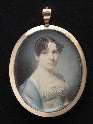 A Lady, wearing white dress, pale blue shawl and fine gold strand necklace, her hair curled and centre-parted