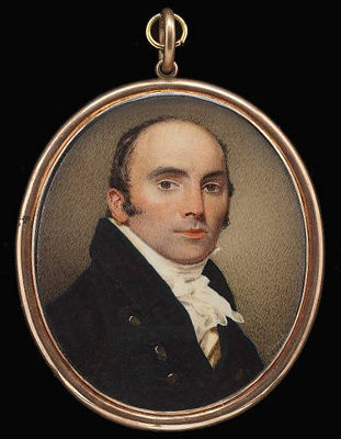 A Gentleman, wearing black coat with gold buttons, cream coloured waistcoat, frilled chemise and stock