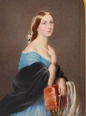 Sophia Margaret Hoster, half-length, wearing blue dress with frilled white underslip, black shawl, gold bracelets and pink roses in her hair, she rests against the back of an upholstered chair draped with embroidered shawl, her right hand raised, holding by Edward Tayler - Auction record, sale price, and art valuation. Compare with similar artists and explore comparable artworks.