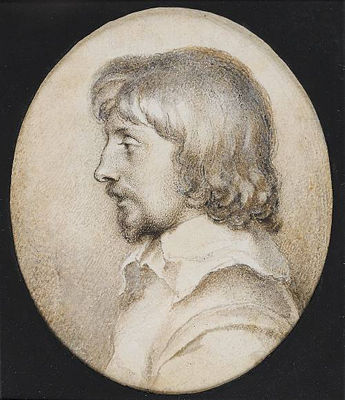 Self-portrait in profile to the left, wearing doublet and white lawn collar, with moustache and beard