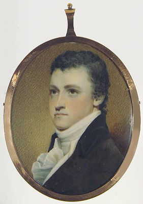 Nicholas Waln, wearing brown coat with black collar, white waistcoat, frilled chemise and stock
