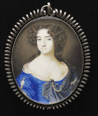 A Lady, called Catherine of Braganza (1638-1705), wearing blue dress with sleeve slashed to reveal white underslip, the slash held with pearls, strand of pearls and grey stole across her chest and held at her corsage with a jewelled brooch, her hair curle
