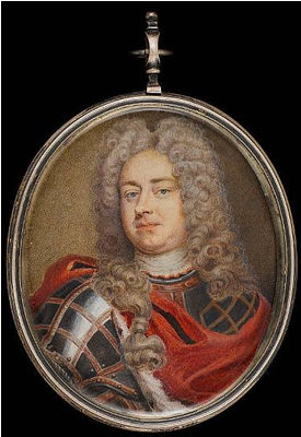 James Butler, 2nd Duke of Ormonde (1665-1745), wearing ermine-trimmed red cloak held at his right shoulder, over decorated armour, white stock and full-bottomed wig