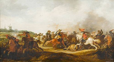 A cavalry skirmish with a windmill beyond