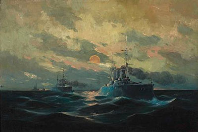 The battleship 'Averoff' leading the Greek fleet to the Battle of Elli